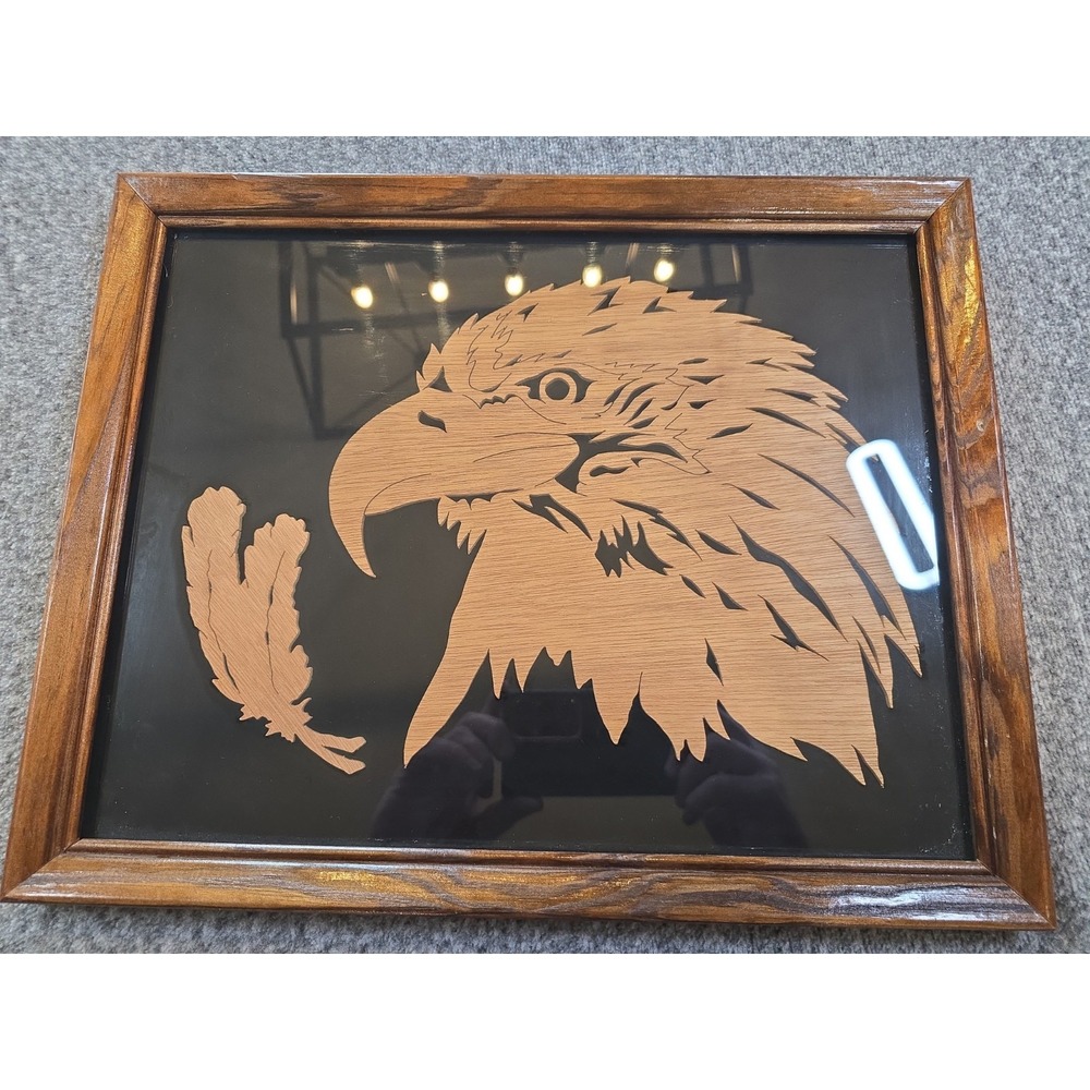 VTG Framed Wooden Eagle Scroll Saw Art Handmade Fretwork Plaque Wildlife Decor